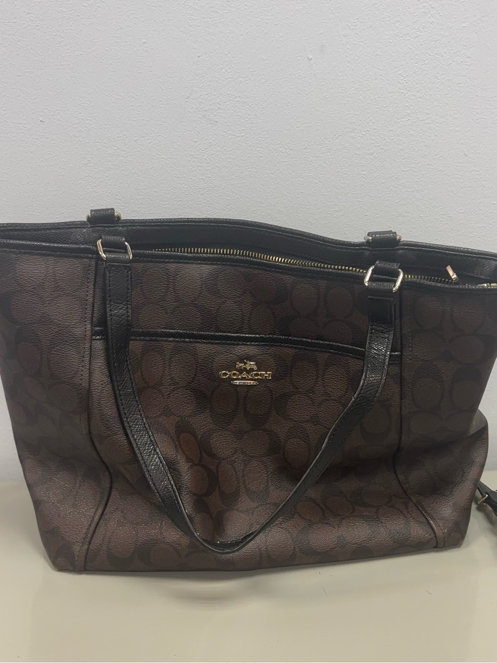Coach Brown Signature Canvas Tote with Dark Leather Trim